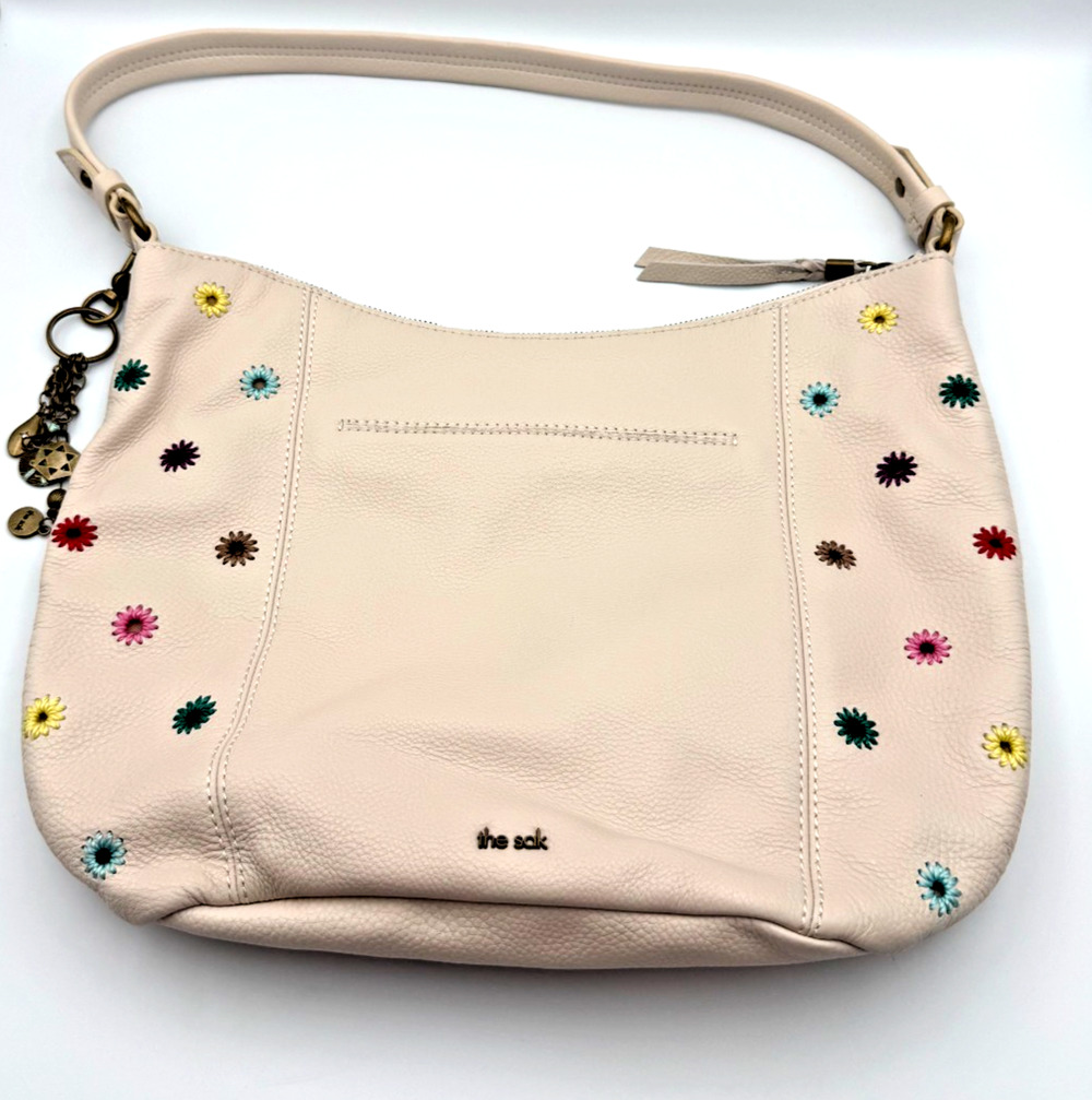 The Sak Sequoia Leather Hobo Bag in Stone With Embroidered Flowers Style 107136